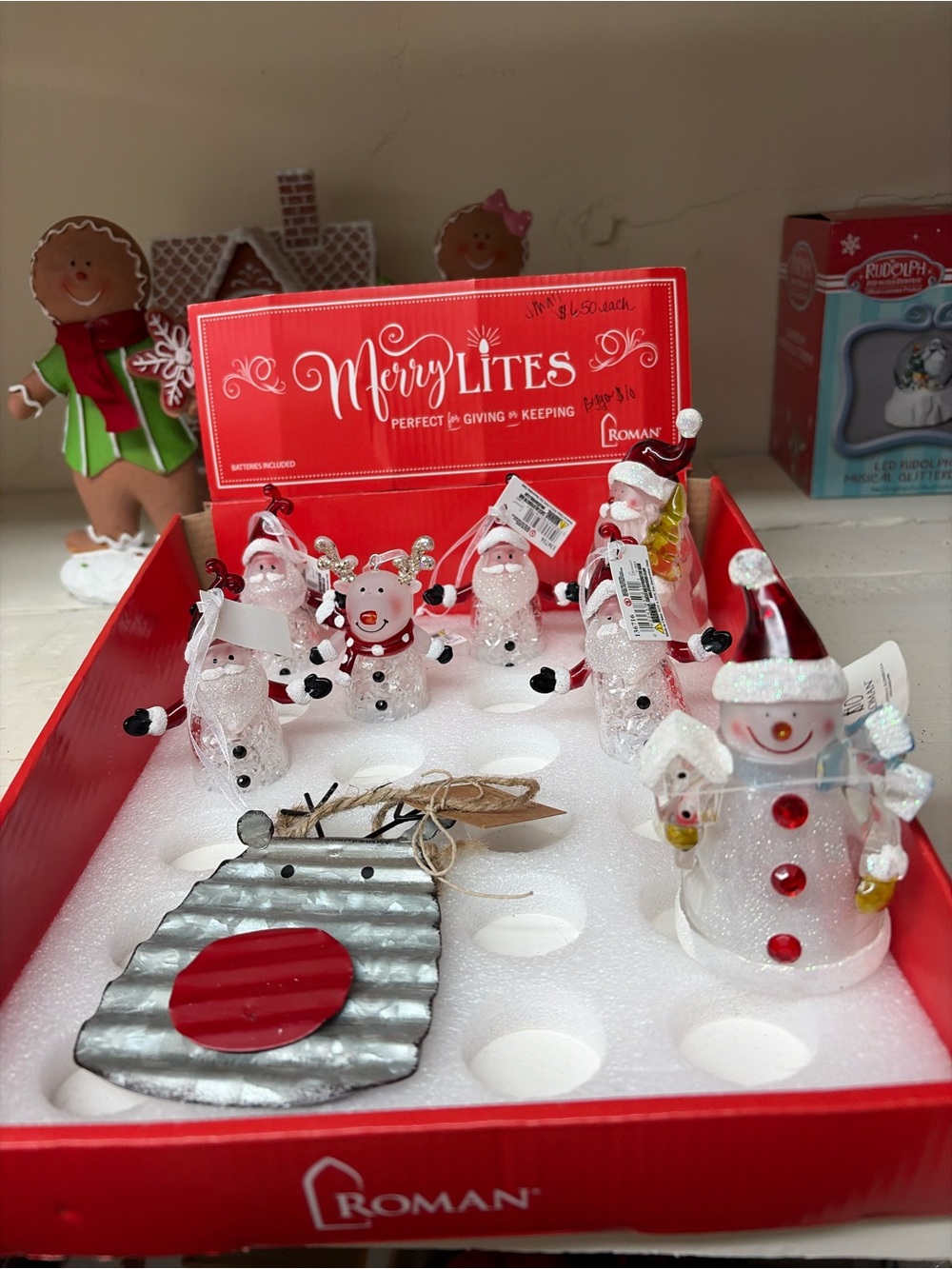 Roman Clear Glitter Snowman and Reindeer LED Holiday Figurines with Red Accents